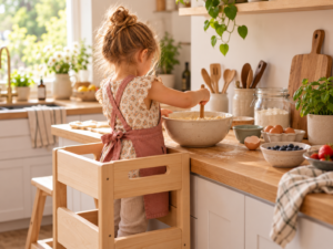 Kind dat op een leertoren meehelpt in de keuken
