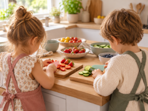Kinderen die samen groenten en fruit snijden